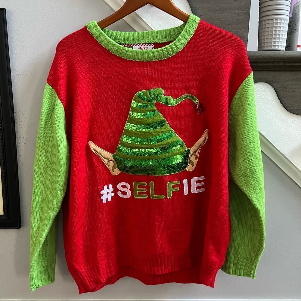 Christmas Sweater Elf Selfie Sequin Motif sz XL EUC